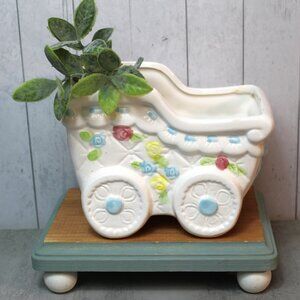 Vintage Ceramic Baby Carriage Planter Giftwares Co Roses White Quilted Pattern